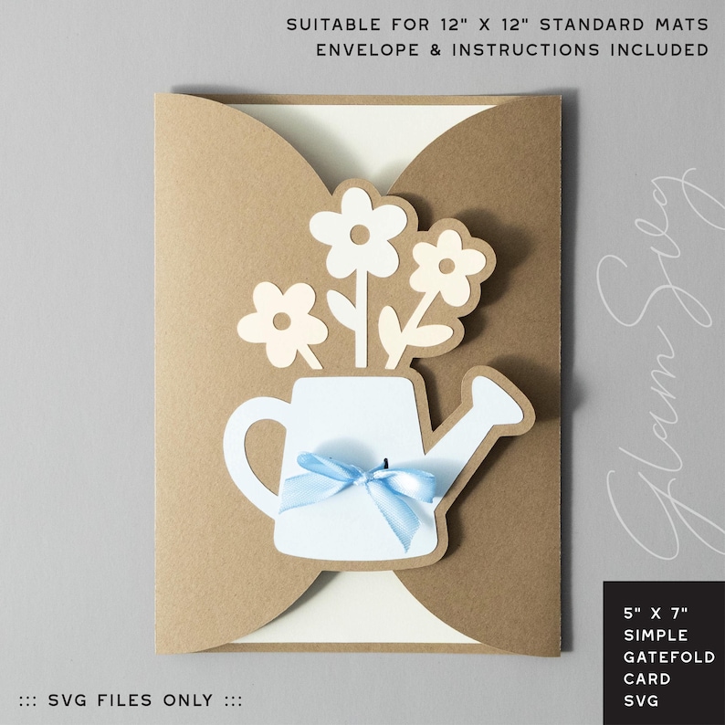 5x7 watering can gatefold card SVG for Cricut, floral spring card template for Mother’s Day, birthdays, thank you cards and more! | GlamSVG