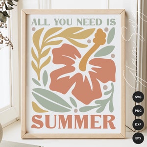 May include: A white background with a framed print that says "All you need is summer". The print features a stylized hibiscus flower with green and yellow leaves in a peach, yellow, and green color scheme.