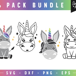 May include: A 4-pack bundle of donkey unicorn designs in SVG, DXF, PNG, and EPS formats. The designs feature cartoon donkeys with unicorn horns and colourful manes. The image includes the text "4 PACK BUNDLE" at the top.