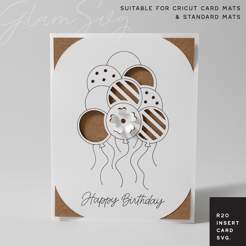 May include: A white card with a brown border and a design of balloons with a flower in the center. The text "Happy Birthday" is at the bottom of the card. The text "R20 INSERT CARD SVG." is in the bottom right corner.