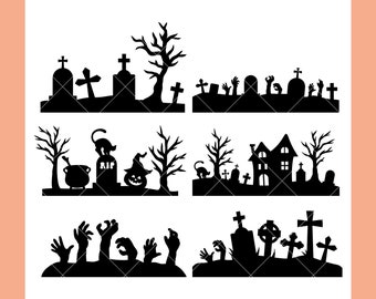 Halloween Scene Silhouettes SVG Bundle | Pliki Tombstones SVG Cut dla Cricut | Pobieranie cyfrowe