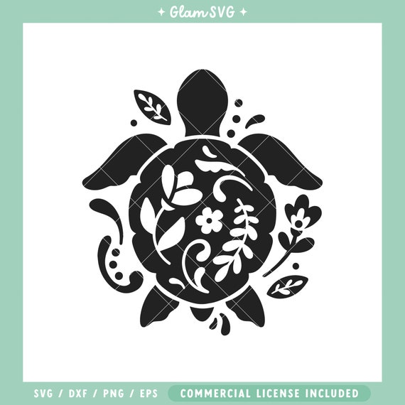 Turtle SVG, Folk Art Turtle svg, Sea Animal SVG Cut Files for Cricut, Animal svg Files, Turtle Silhouette SVG, png, nature svg, leaves svg