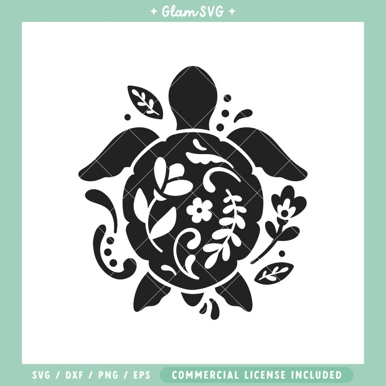 Turtle SVG, Folk Art Turtle svg, Sea Animal SVG Cut Files for Cricut, Animal svg Files, Turtle Silhouette SVG, png, nature svg, leaves svg image 1