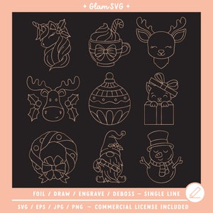 Pacote SVG de linha única de Natal | Desenhos de Natal de pena de folha | Desenhar arquivos Arquivos de corte SVG para canetas Cricut | Download digital
