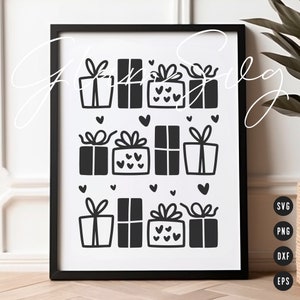 Puede incluir: Un diseño imprimible en blanco y negro con un patrón de nueve cajas de regalo con lazos y corazones. El diseño es perfecto para crear una tarjeta navideña festiva o arte de pared.