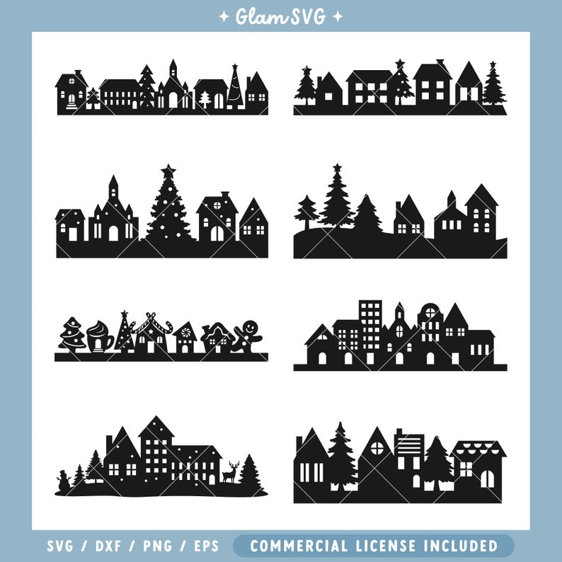 May include: A set of four black and white silhouette SVG cut files featuring different winter village scenes. The scenes include houses, trees, and other wintery elements. The files are perfect for creating holiday crafts, cards, and decorations.