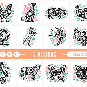 Pacchetto SVG di animali di arte popolare, Gallo Svg, Maiale Svg, Cane Svg, Gatto Svg, Turchia Svg, File Svg per Cricut, Pesce Svg, Mucca Svg, Drago Svg, Cavallo