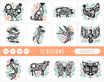 Pacchetto SVG di animali di arte popolare, Gallo Svg, Maiale Svg, Cane Svg, Gatto Svg, Turchia Svg, File Svg per Cricut, Pesce Svg, Mucca Svg, Drago Svg, Cavallo