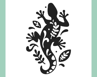 Lizard SVG, Folk Art Gecko svg, Reptile SVG Cut Files for Cricut, Animal svg Files, Lizard Silhouette SVG, png, leaves svg, nature svg