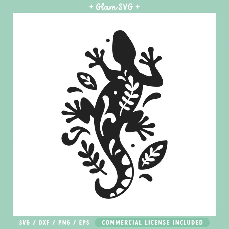 May include: Black silhouette of a lizard with floral details, surrounded by leaves. The lizard is facing right and has a long tail. The design is perfect for crafting projects.
