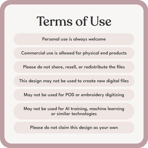 Puede incluir: Un gr&aacute;fico rectangular con esquinas redondeadas y borde malva muestra el texto "T&eacute;rminos de uso". El texto detalla los usos permitidos y prohibidos, incluido el uso personal y comercial para productos f&iacute;sicos, y las restricciones sobre compartir, revender y el entrenamiento de IA.