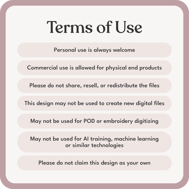 Puede incluir: Un gr&aacute;fico rectangular con esquinas redondeadas y borde malva muestra el texto "T&eacute;rminos de uso". El texto detalla los usos permitidos y prohibidos, incluido el uso personal y comercial para productos f&iacute;sicos, y las restricciones sobre compartir, revender y el entrenamiento de IA.