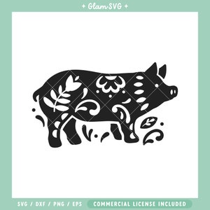 Pig SVG, Folk Art Pig svg, Farm Animal SVG Cut Files for Cricut, Animal svg Files, Pig Silhouette SVG, png, leaves svg, nature svg