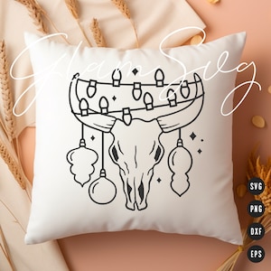 Western Christmas Bull Skull SVG | Christmas Lights Skull SVG Cut Files for Cricut | Christmas Ornaments SVG Digital Download