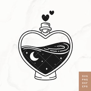 May include: Black and white line art illustration of a heart-shaped bottle filled with a dark liquid. The bottle has a cork stopper and is topped with two small hearts. The liquid inside the bottle has a swirling pattern and is filled with stars and a crescent moon.