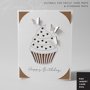 Geburtstagskarte SVG | Cupcake- und Schmetterlingskarte für Cricut-Kartenmatten und Standardmatten | Pop-Up-Schmetterling SVG | 3D Blumen SVG | R20