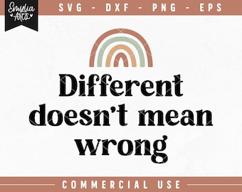Op de afbeelding: Een digitaal download van een grafisch ontwerp met een regenboog en de tekst "Different doesn't mean wrong".