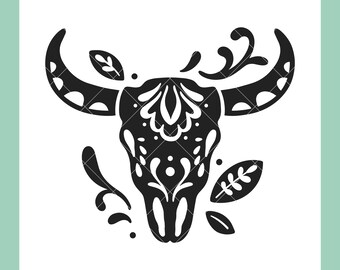 Bull Skull SVG, Folk Art svg, Western SVG Cut Files for Cricut, Bull Head svg Files, Bull Silhouette SVG, png, leaves, nature svg