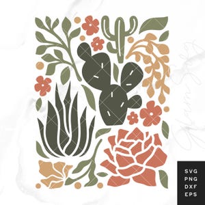 Boho cactus et fleurs SVG | SVG botanique | Décoration florale SVG fichiers coupés pour Cricut | Téléchargement numérique