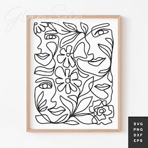 Floral abstracto Boho caras SVG / Mid Century Modern Line Art Home Decor SVG Archivos de corte para Cricut / Boho SVG Decor / Descarga digital