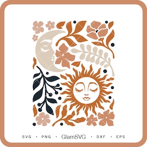 Luna, sol y flores bohemias SVG / SVG botánico / Decoración floral para el hogar SVG Archivos de corte para Cricut / Descarga digital