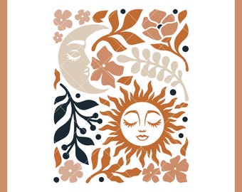 Boho Moon, Sun and Flowers SVG | Botanical SVG | Floral Home Decor Pliki SVG do cięcia dla Cricut | Pobieranie cyfrowe