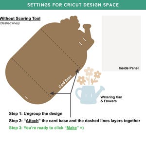 Puede incluir: Diagrama de configuraci&oacute;n de Cricut Design Space. Se muestra una forma de base de tarjeta marr&oacute;n con l&iacute;neas discontinuas, un panel interior blanco y una regadera azul con flores. El texto incluye instrucciones: Desagrupar, Adjuntar y Hacer.