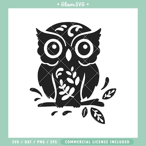 Hibou SVG, Folk Art Owl svg, Bird Animal SVG Cut Files pour Cricut, Animal svg Files, Cute Owl Silhouette SVG, png, feuilles svg, nature svg