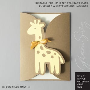 May include: A simple gatefold card featuring a yellow giraffe with brown spots and a yellow ribbon. The card is brown with a white interior. The text on the card reads "5" x 7" Simple Gatefold Card SVG". The card measures 12.7cm x 17.8cm.