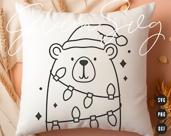 Weihnachten Süßer Bär mit Weihnachtslichter SVG | Kinderzimmer Weihnachten SVG-Schnittdateien für Cricut | Weihnachtsmann Hut Bär SVG | Digitaler Download