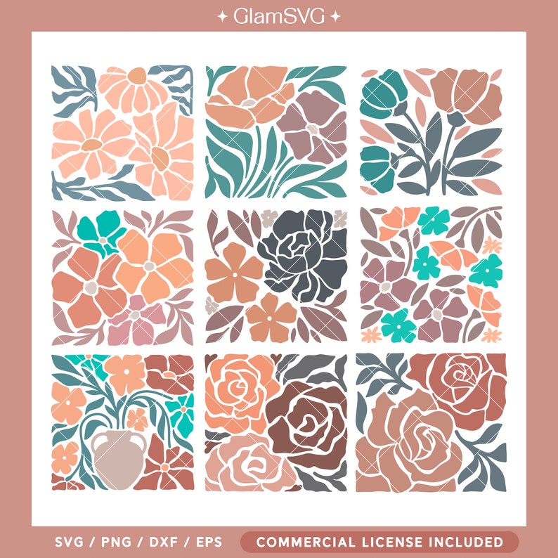 May include: Nine digital squares featuring various floral patterns in shades of peach, brown, teal, and grey. Each square showcases a unique floral design, including roses, daisies, and other flowers.