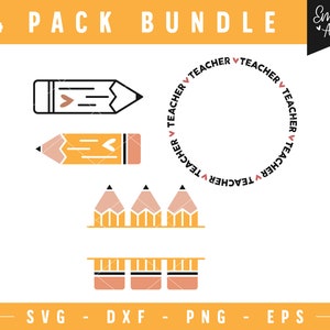 May include: A set of four teacher-themed SVG, DXF, PNG, and EPS files. The design features a yellow pencil with a pink eraser, a circle with the word "Teacher" repeated around it, and three pencils with pink erasers.