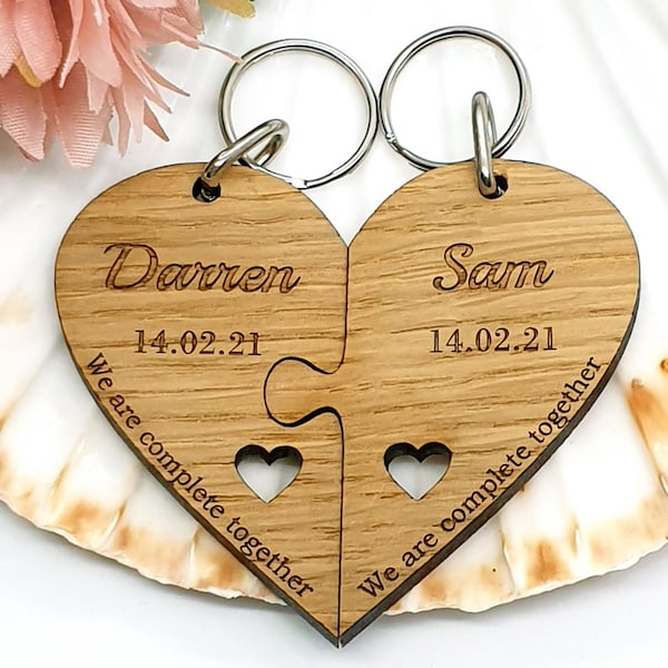Personalised Heart Keyring Set Oak Wood Engraved Love Names Date Couple’s Two Piece Personalised Gift