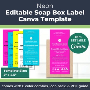 Neon Soap Box Label Template (Editable) • DIY Skin Care Label with Sans Serif Fonts and Vibrant Colors • 2" x 4.5" Template for Soap Bar Box