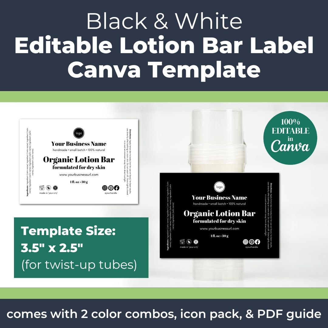 Editable Lotion Bar Label Template black and White 3.5 X 2.5 Skin Care ...