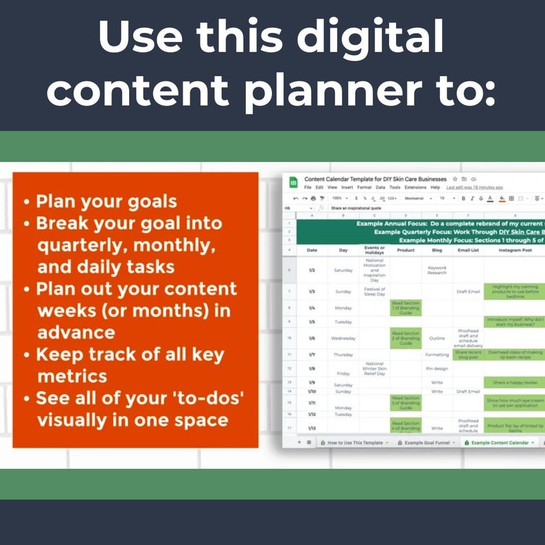 Content Planner Template for Handmade Skin Care Businesses Includes Goal Setting Funnel & Growth Tracker Access/Edit with Google Sheets image 6