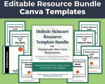 Editable Holistic Skincare Resource Bundle for Businesses • Skin Care Guides x 5, Fitness Tracker, Meal Planner, and Annual Wellness Planner