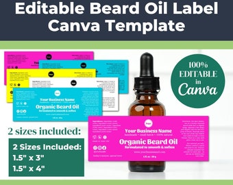 Editable Beard Oil Label Template for Skin Care Makers (Neon) • 1.5" Skin Care Product Label in 2 Widths