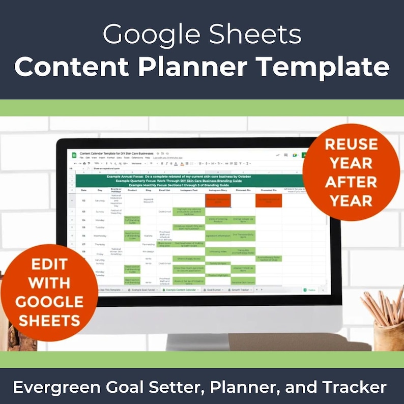 Content Planner Template for Handmade Skin Care Businesses Includes Goal Setting Funnel & Growth Tracker Access/Edit with Google Sheets image 1
