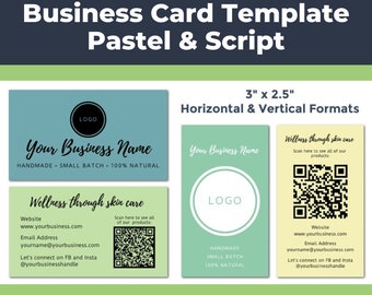 Editable Skin Care Business Card Template (Pastel and Script) • 2" x 3.5" Horizontal and Vertical Versions