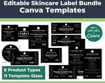 Editable DIY Skin Care Label Bundle • 8 Product Types, 11 Label Sizes • Label Templates for Handmade Skincare Businesses, B&W Minimalist