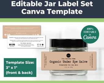 Editable Jar Label Template Set (Kraft Branding) • 1" x 3" Skin Care Product Labels (Front and Back) for Salves, Butters, and Balms