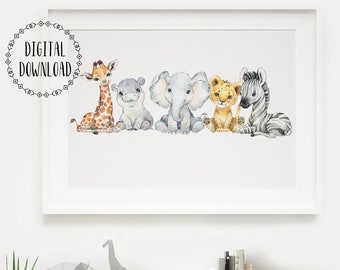 Safari Animals Nursery Decor Digital Download Giraffe, Elephant, Zebra Baby Animals Safari Nursery Wall Art Printable Wall Art kids decor