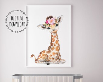 Żyrafa Safari Animal Decor Printable Wall Art Pink Flowers Safari Girls Nursery Wall Art Elephant Digital Download Kids Room Poster