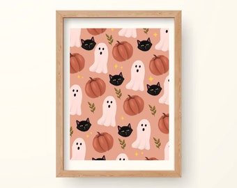 Confeti de otoño Calabaza Ghost Cat Art Print, Descarga digital, Impresión de arte mural, Decoración de Halloween