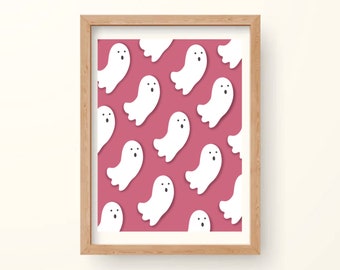 Fondo rosa con fantasmas, impresión de Halloween, descarga digital, impresión de pared de arte, linda obra de arte digital