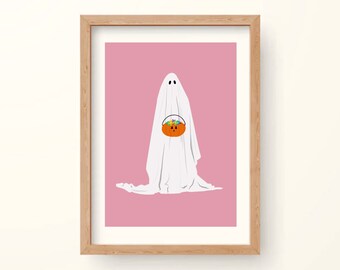 Halloween Ghost Trick or Treat, Arte de pared imprimible, Linda impresión rosa, Descarga digital