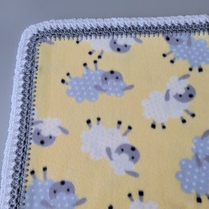 Sheep print fleece baby/toddler blanket with crocheted trim,  Child&#39;s lamb print blanket w/crocheted edges, Baby shower gift, New Baby gift.