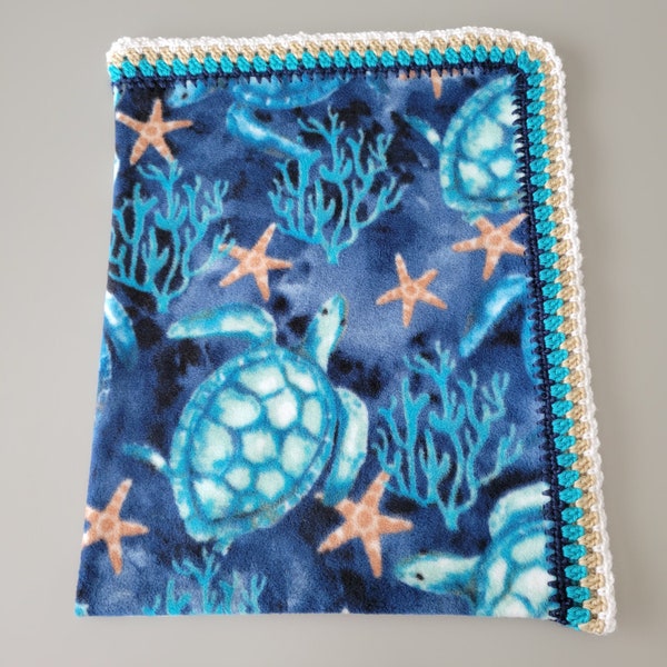 Child's turtle print fleece blanket with crocheted trim, Underwater ocean turtle & starfish baby blanket, Baby shower gift, Nautical blanket