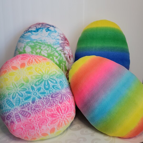 Easter egg pillow, Tie dye striped or patterned fleece egg shaped pillow, Easter Spring decor, Rainbow striped novelty throw pillow.